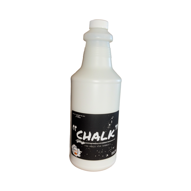 Bottle of white powder labeled 'Chalk' on a white background