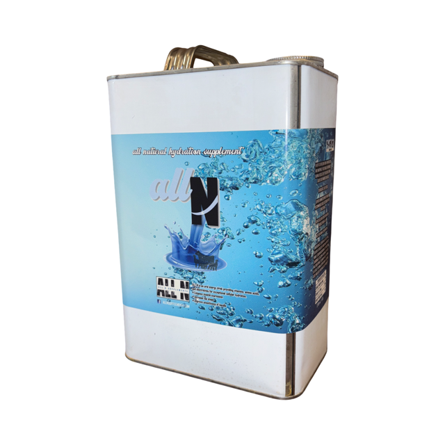 White container with blue label featuring water graphics on a white background