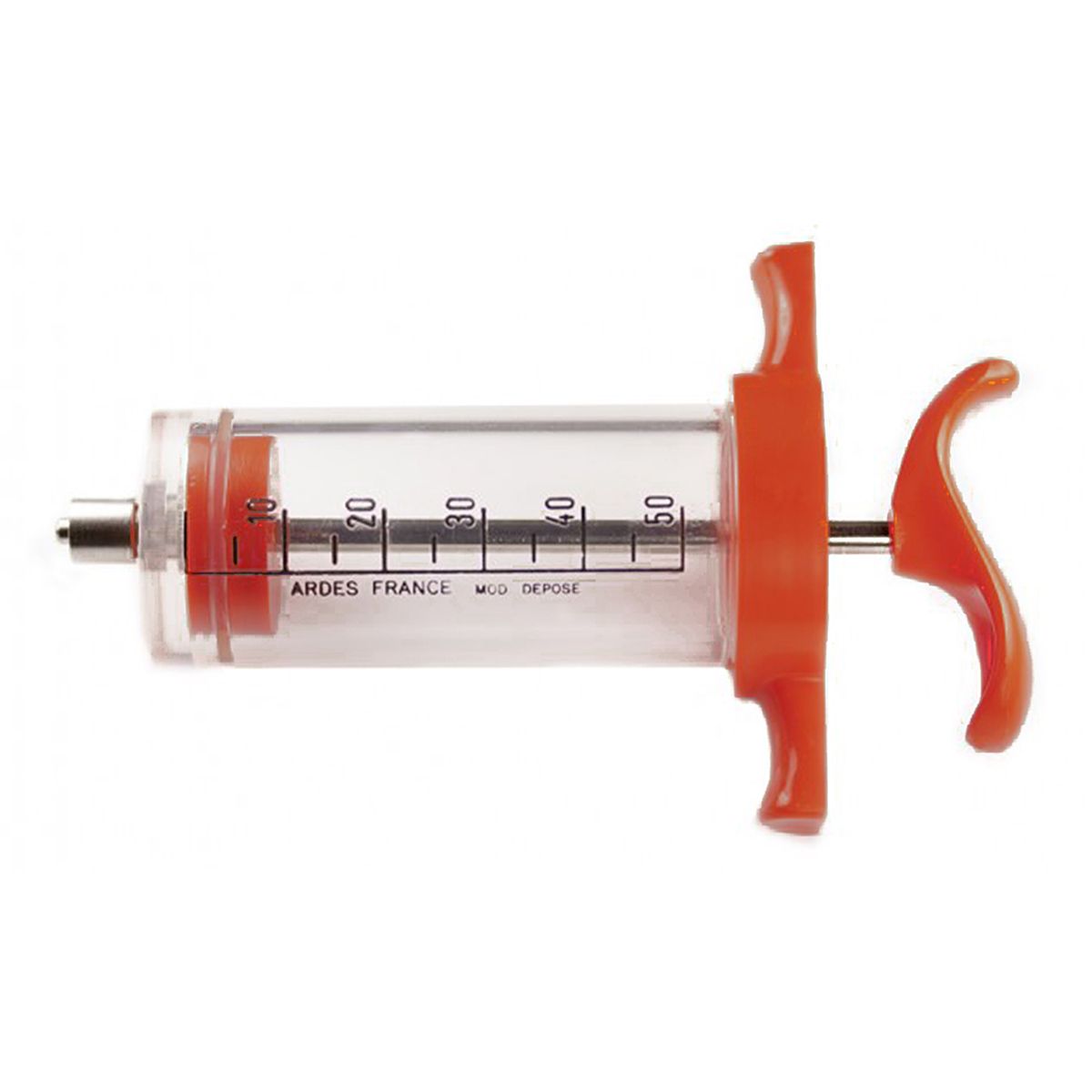 clear syringe with an orange plunger