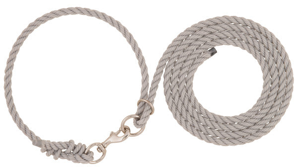 A light gray braided rope collar with a silver metal snap hook, shown coiled on a plain white background.