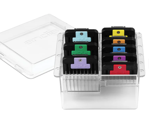 Set of clipper guards in a clear plastic organizer on a white background
