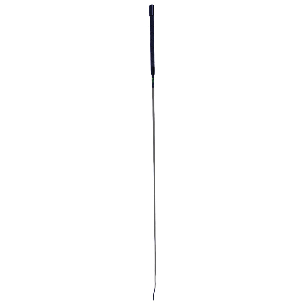 Long thin black show whip on a white background