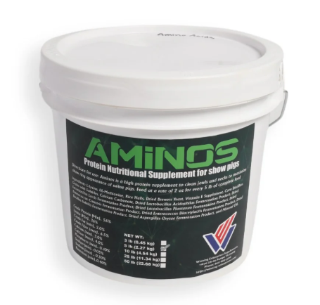 White container labeled 'Aminos' with a green label on a white background