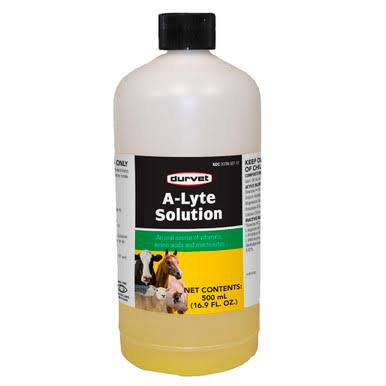 A 500 mL bottle of Durvet A-Lyte Solution, featuring a black cap and a label with a horse graphic, on a white background.