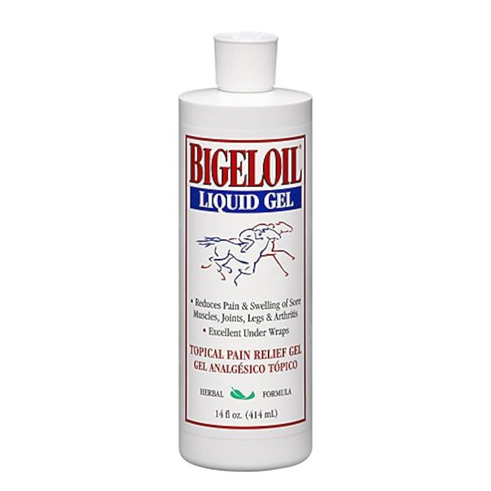 Bottle of Bigeloil Liquid Gel topical pain relief gel on a white background