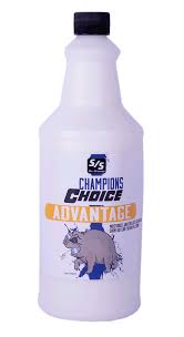 Bottle of 'Champion's Choice' advantage skin conditioner with a cartoon character pig on a white background