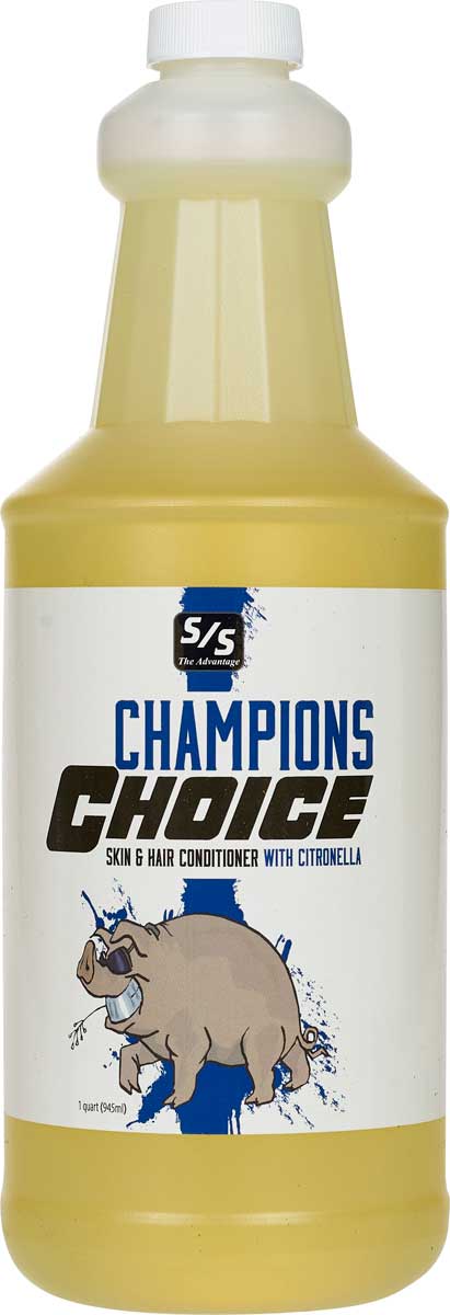 Bottle of Champions Choice skin and hair conditioner with a cartoon pig on the label.