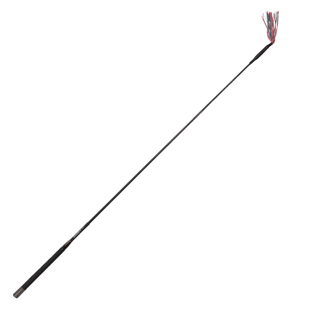 Long black rod with a red and white feathered end on a white background
