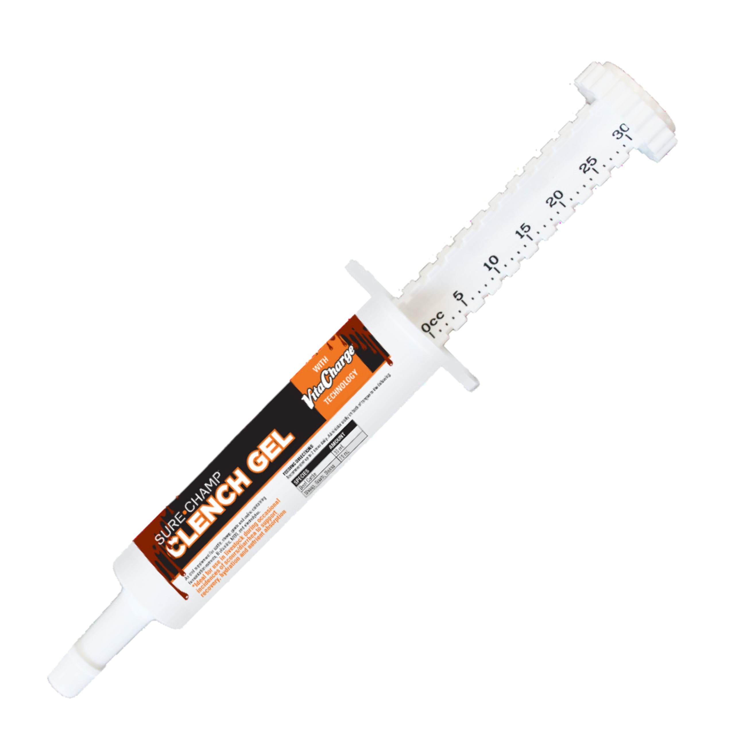 Syringe with 'Sure Champ Clench Gel' on a white background