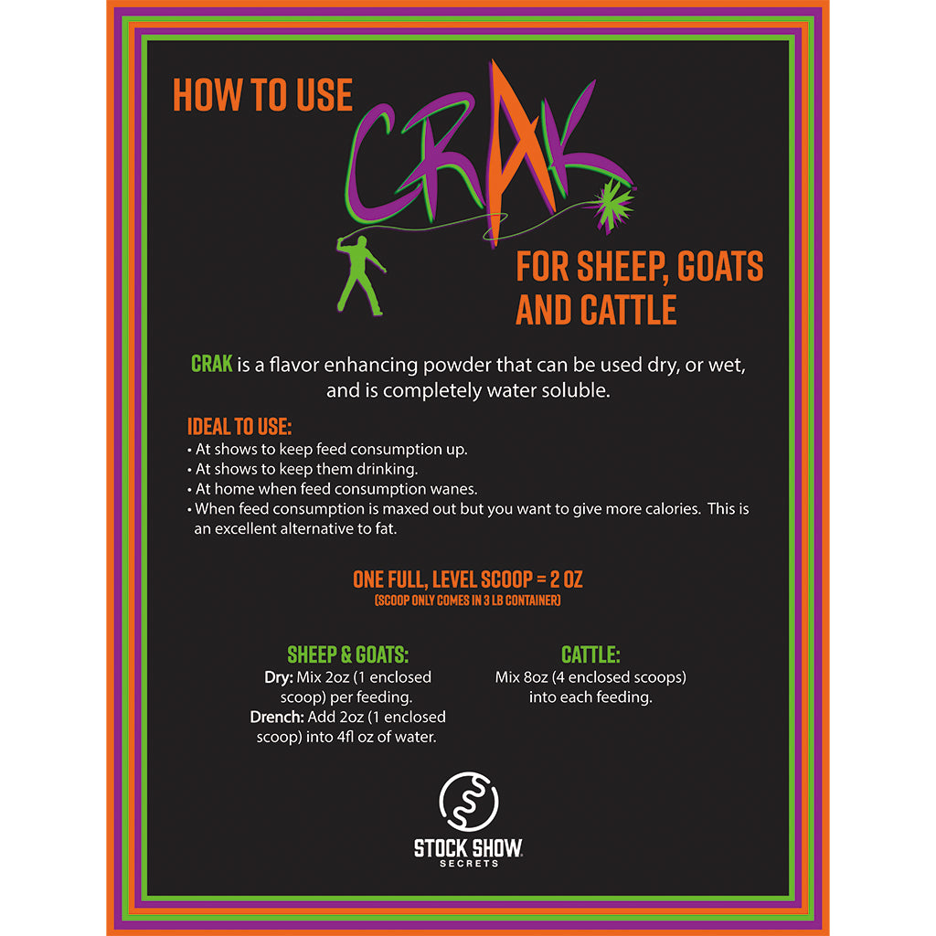 Instructional poster on how to use CRAK for sheep, goats, and cattle with colorful border.