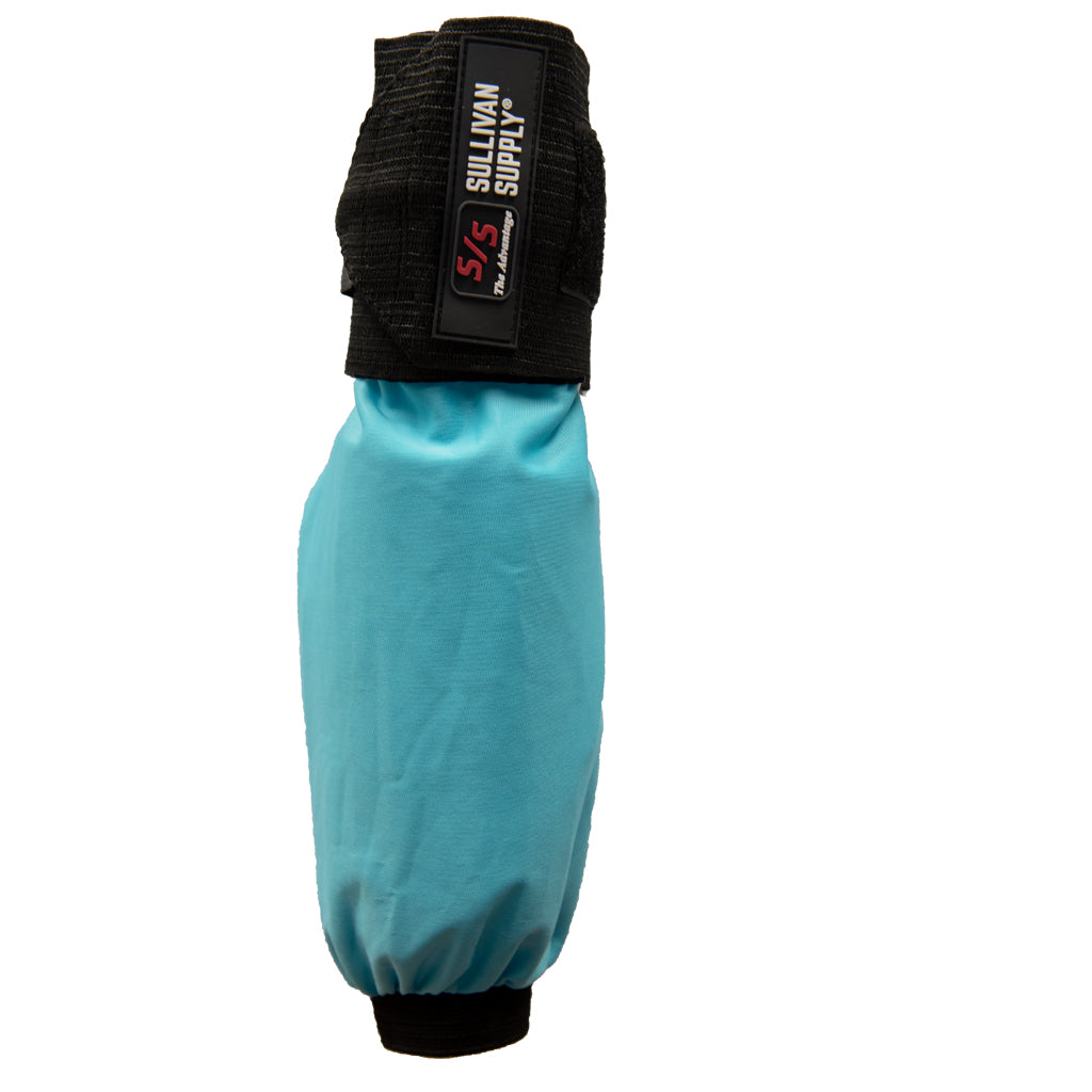 Turquoise leg guard with black strap and Sullivan Supply label on a white background