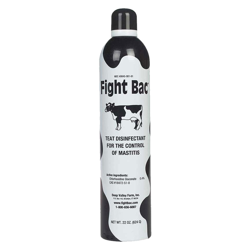 Fight Bac teat disinfectant spray bottle with cow illustration on a white background