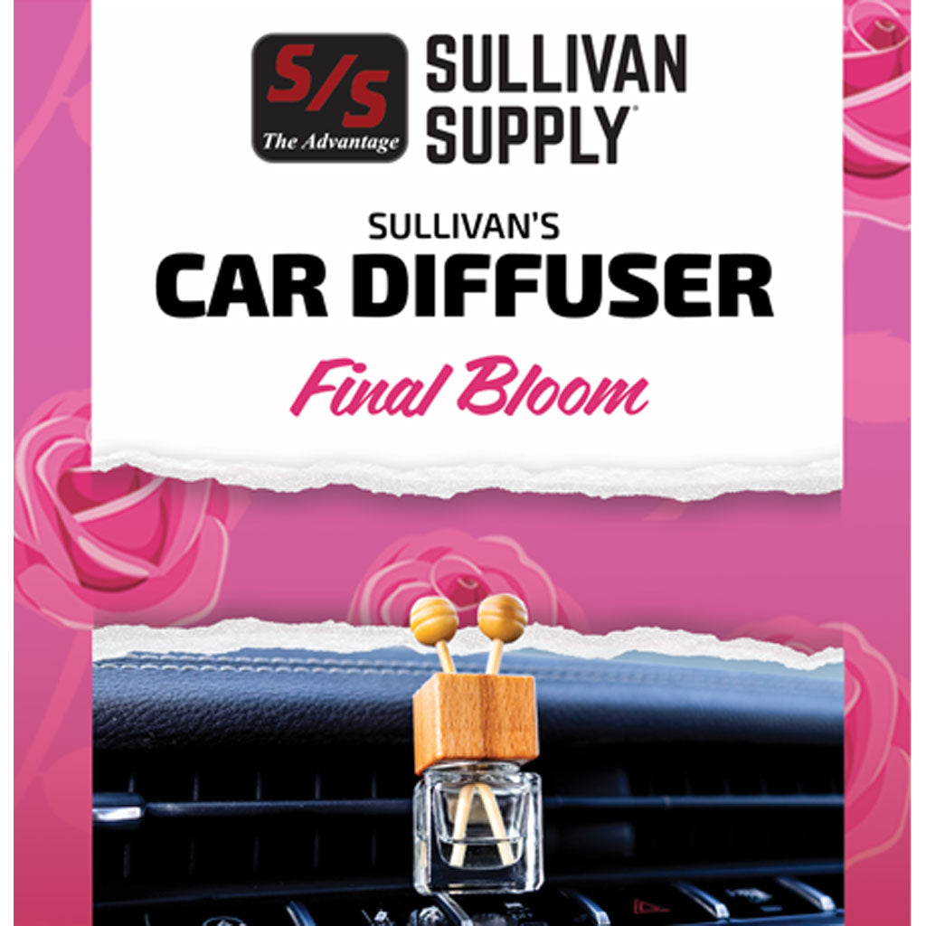 Sullivan Supply car diffuser with 'Final Bloom' fragrance on a pink background