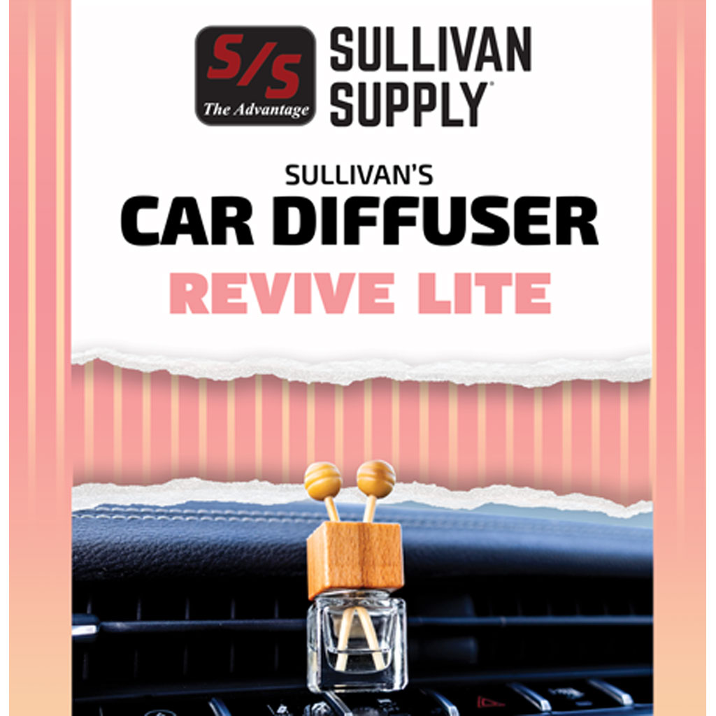 Sullivan Supply car diffuser with wooden design on a dashboard, featuring the brand logo.