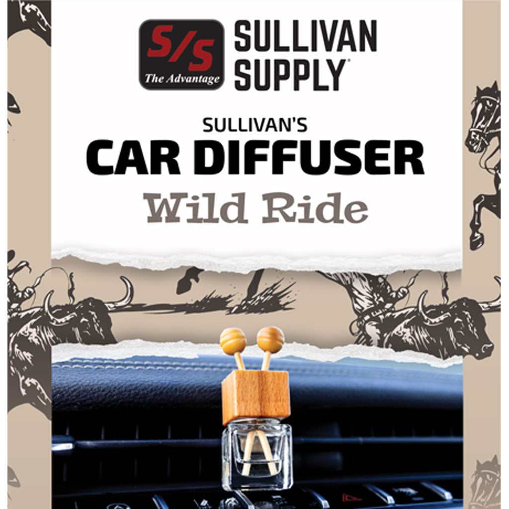 Sullivan Supply car diffuser with 'Wild Ride' design on a car dashboard background
