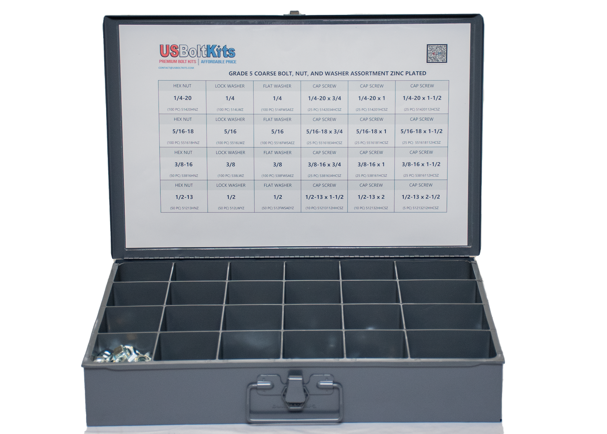 Gray metal box with compartments and a chart on the lid, featuring US Bolt Kits branding.