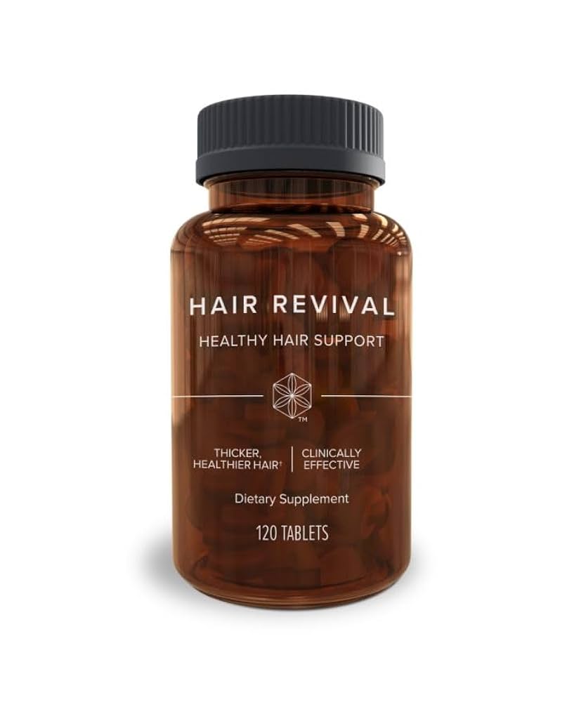 Hair revival supplement bottle on a white background