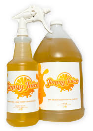 Bottle and gallon of Jimmy Juice conditioner on a white background