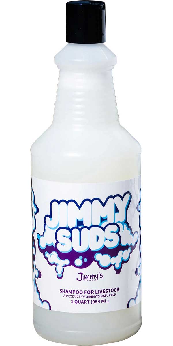 Bottle of Jimmy Suds livestock shampoo with a white label on a white background