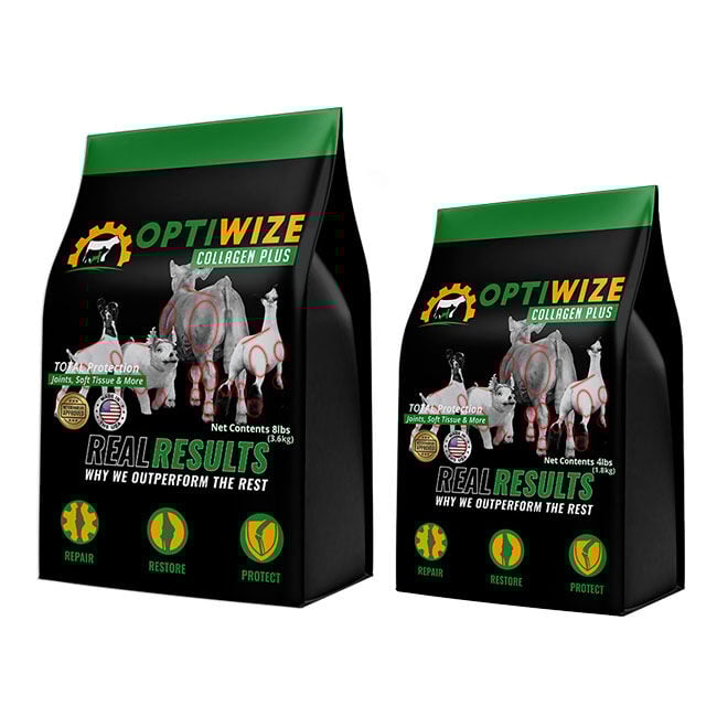Bags of OptiWize Collagen Plus with farm animals on the label on a white background