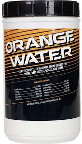 Container of Orange Water supplement with black and orange label