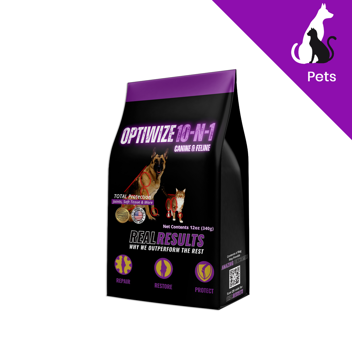 A bag of Optivize 10-N-1 dog and cat food on a white background with a purple corner banner showing a cat and dog silhouette and the word 'Pets'. The bag is black with purple and white text and graphics, featuring photos of a dog and a cat on the front.