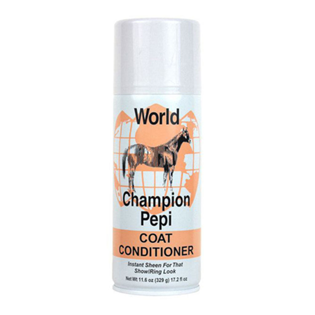Can of World Champion Pepi Coat Conditioner with a horse illustration on a white background