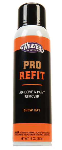 A 14 oz aerosol can of Weaver Livestock Pro Refit Adhesive & Paint Remover, featuring a black body with orange and white text and graphics.