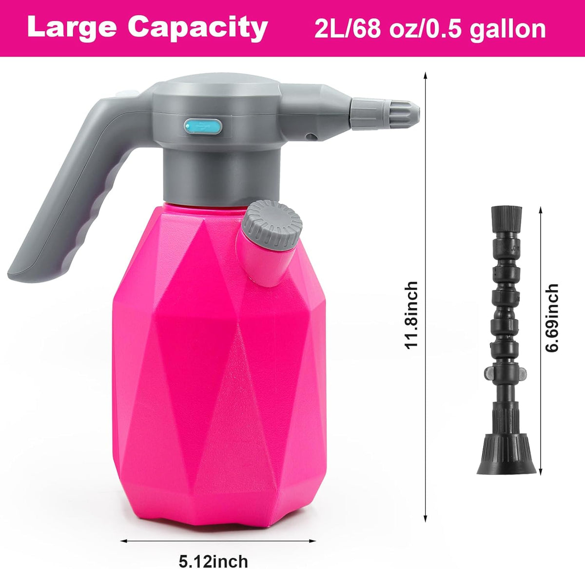 Pink spray bottle with gray nozzle and measurement details on a white background