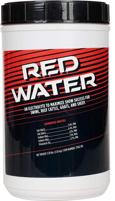 Container of 'Red Water' electrolyte supplement with black and red label.