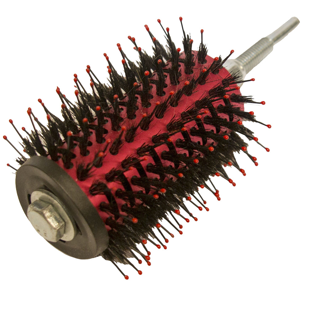 Round hairbrush with red and black bristles on a white background