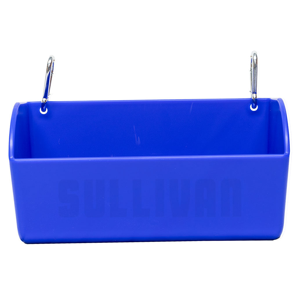 A bright blue rectangular plastic hanging container with two silver metal clips on the top, shown against a plain white background. The brand name 'SULLIVAN' is embossed on the front.
