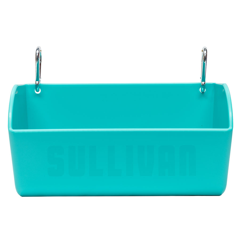 A turquoise rectangular hanging planter with a metal clip on each side, featuring the brand name 'SULLIVAN' embossed on the front, set against a plain white background.