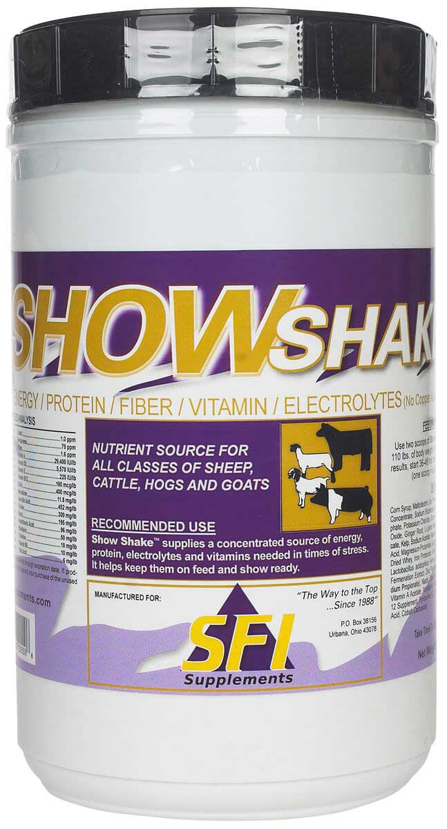 ShowShake supplement container with purple and yellow label