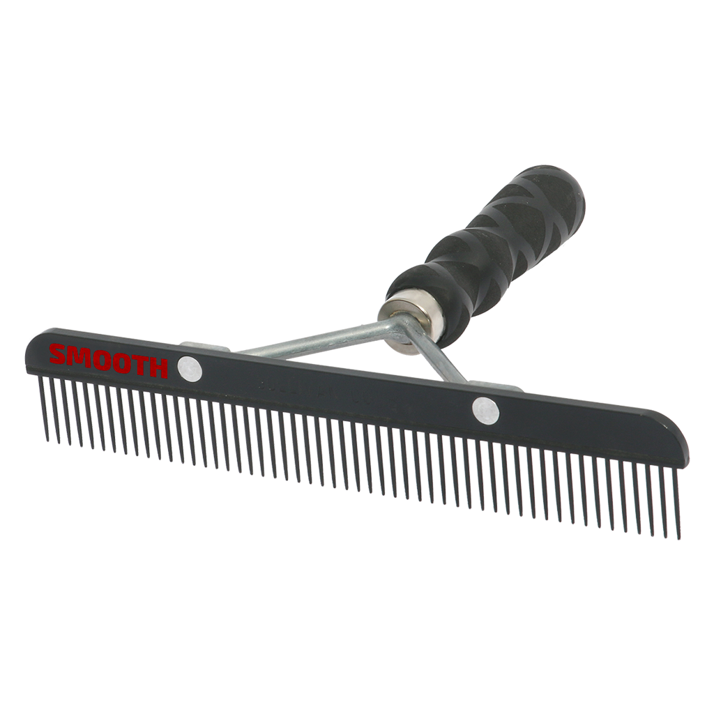 Black pet grooming comb with a textured handle on a white background