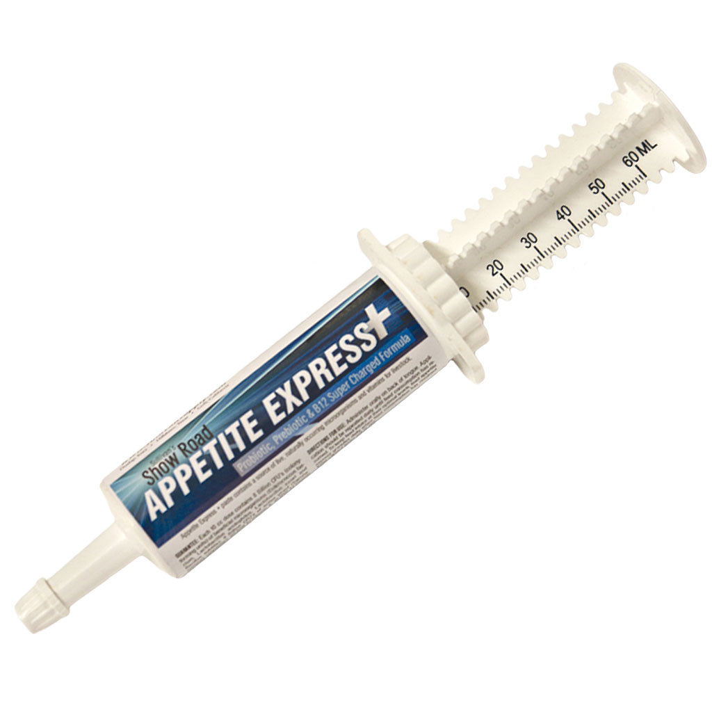 A syringe-style tube of Snow Road Appetite Express+ dog appetite stimulant, shown diagonally on a plain white background.