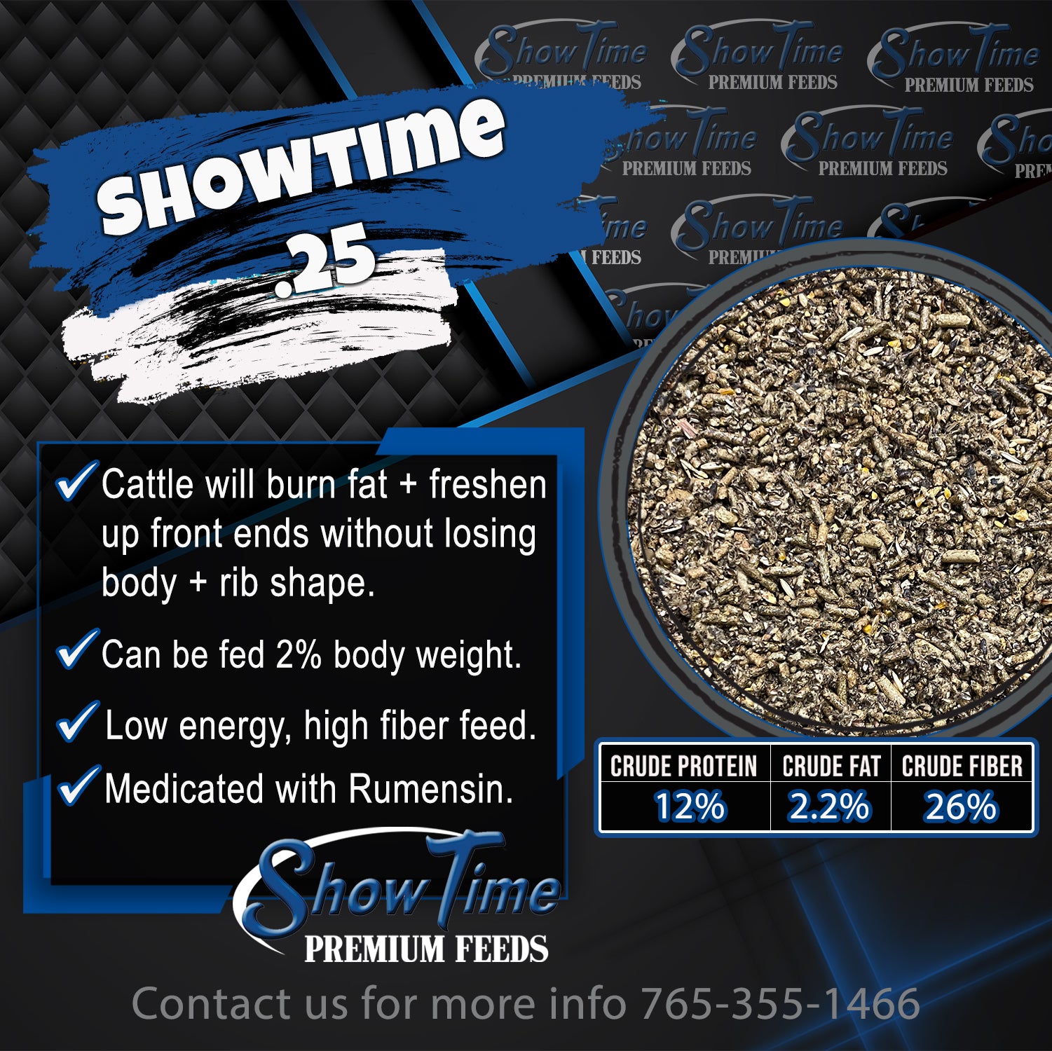 ShowTime premium feeds advertisement with product details and contact information.