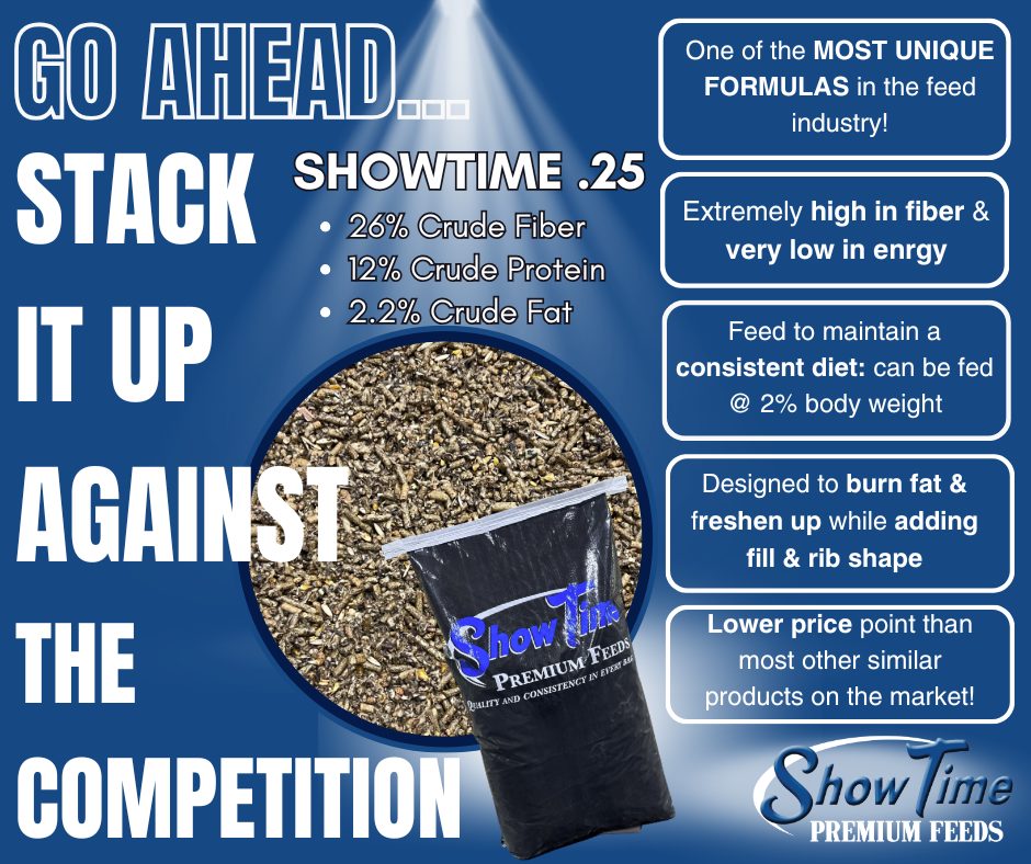 Advertisement for Show Time Premium Feeds with text and product image on a blue background