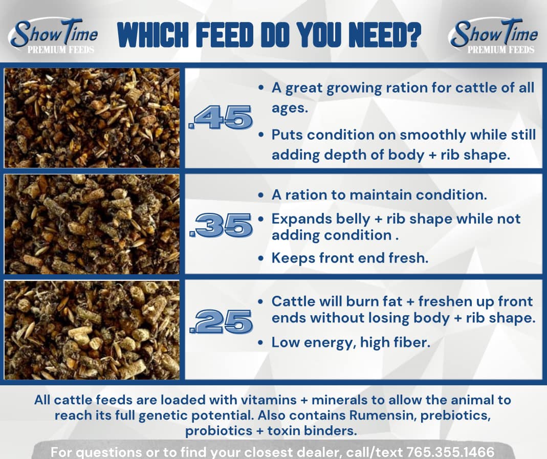 ShowTime cattle feed product description with different feed types and their uses.