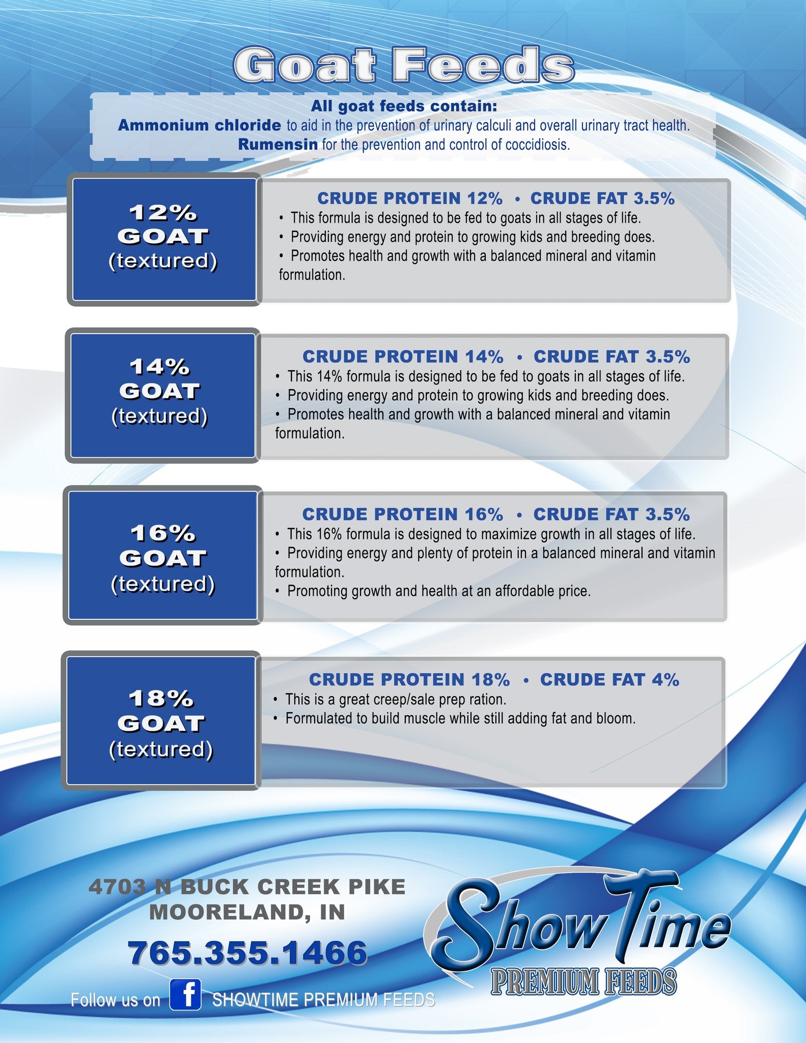 Advertisement for Show Time Premium Feeds goat feeds with text and contact information.
