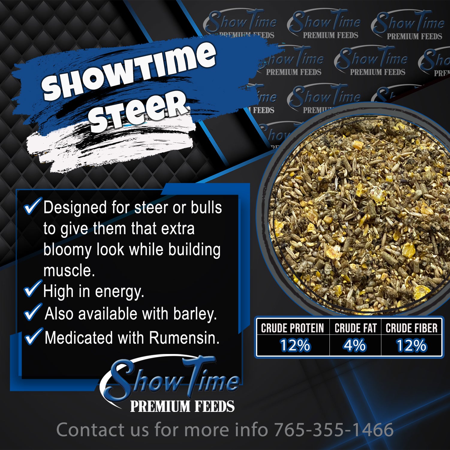 ShowTime Premium Feeds steer supplement with product details on a dark background