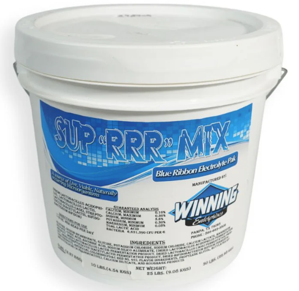 White bucket labeled 'Super RRR Mix' with blue label on a white background