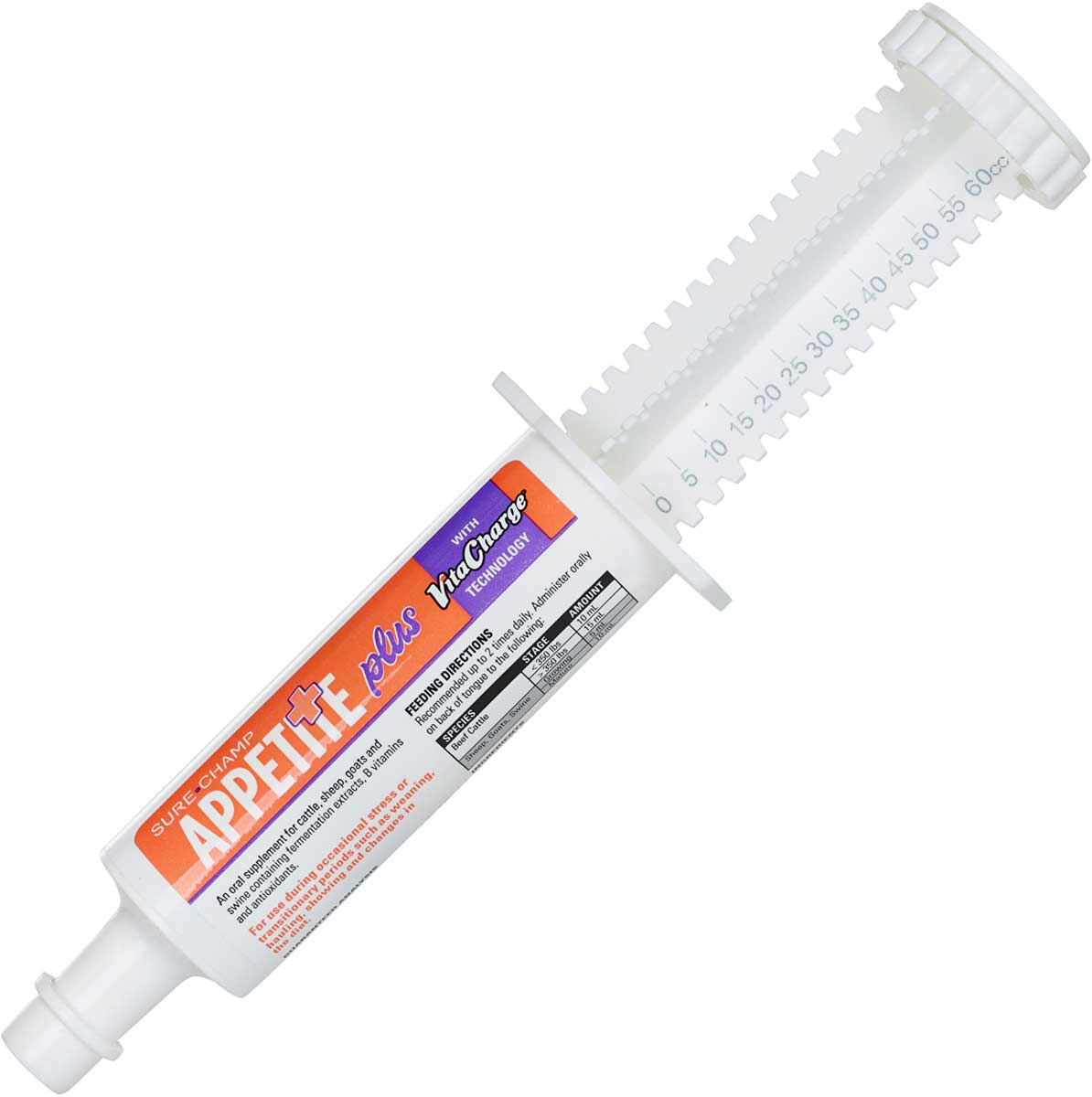 White veterinary syringe with label on a white background