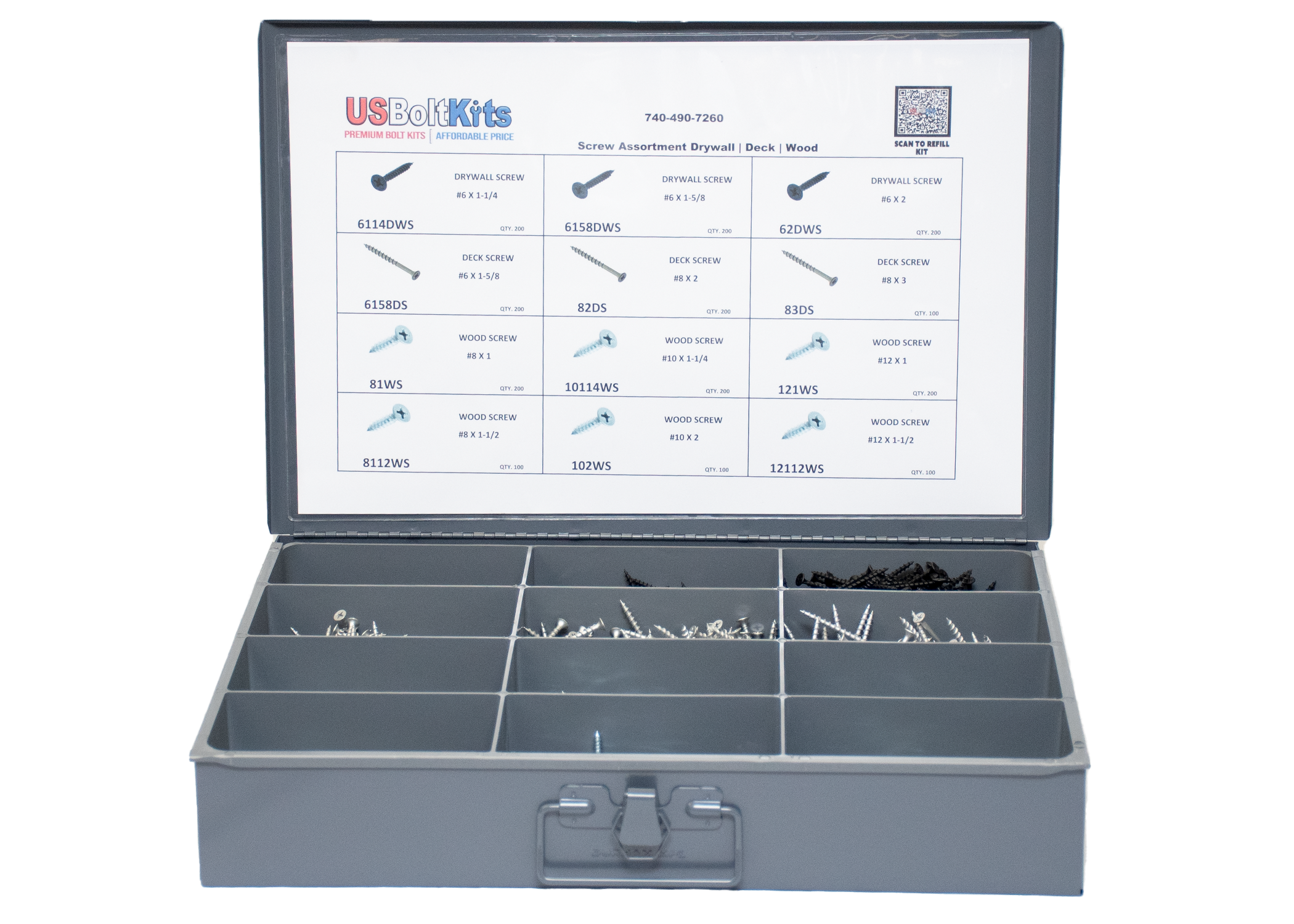 Gray tool kit with open lid displaying a chart and compartments filled with tools on a white background.