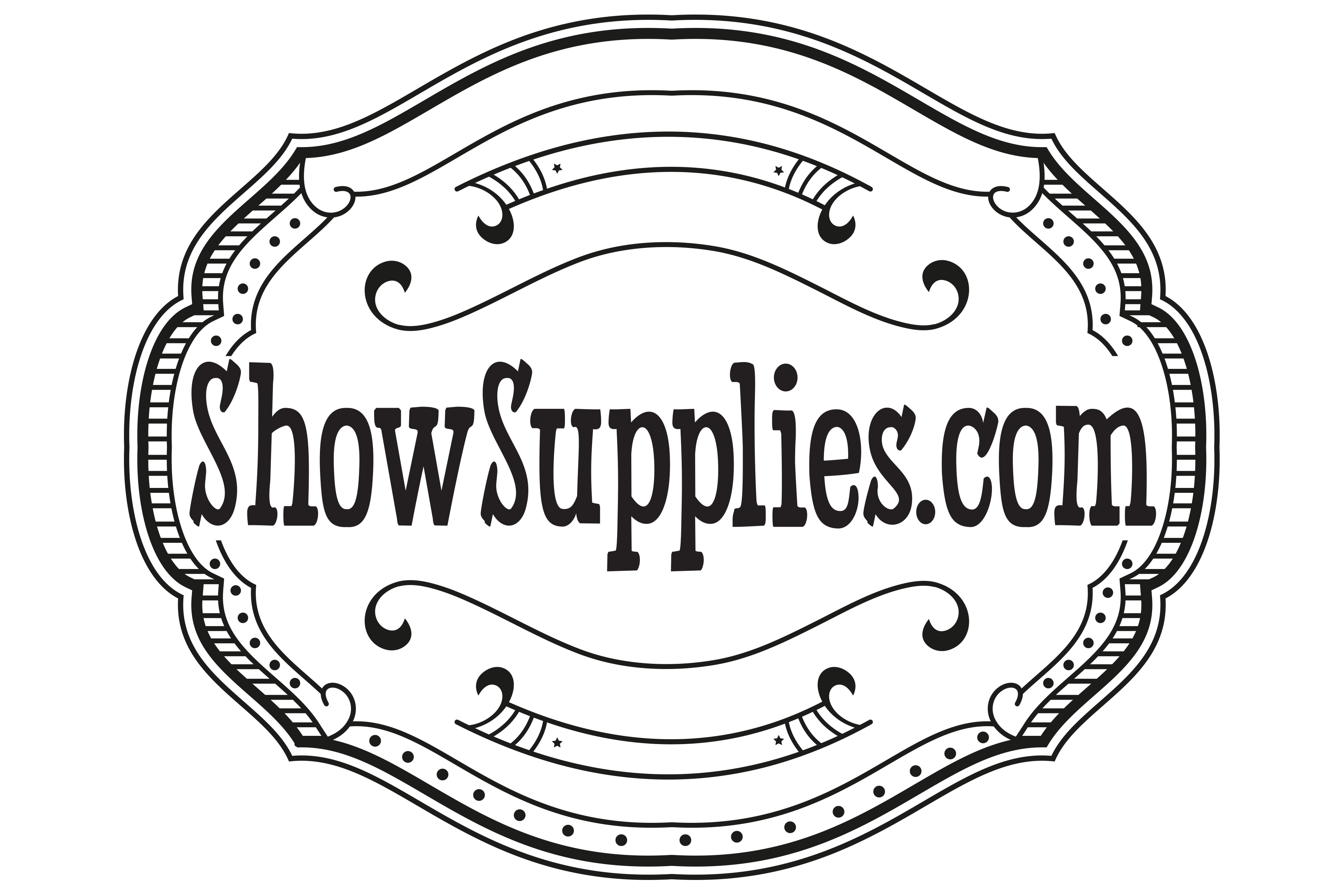 Decorative logo with 'ShowSupplies.com' text inside an ornate frame on a white background