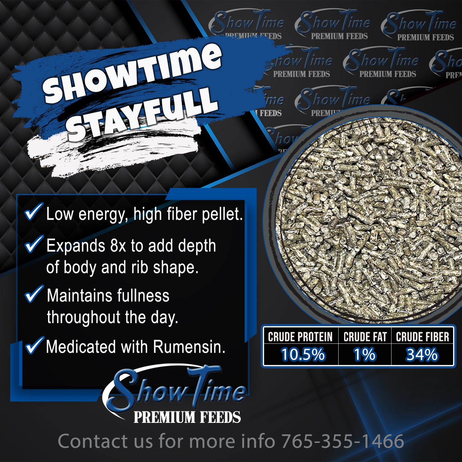 ShowTime StayFull feed product with text and specifications on a dark background