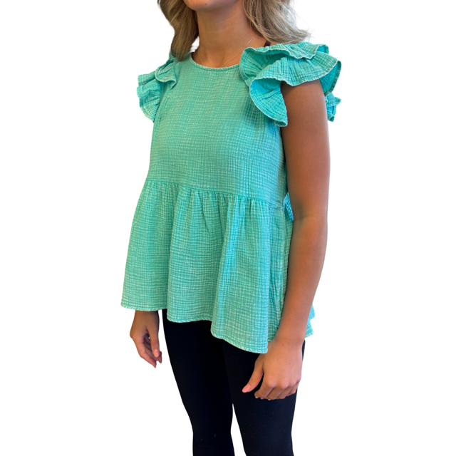 A child wearing a mint green and white gingham patterned ruffle-sleeve top with a peplum hem, paired with black leggings, shown against a plain white background.