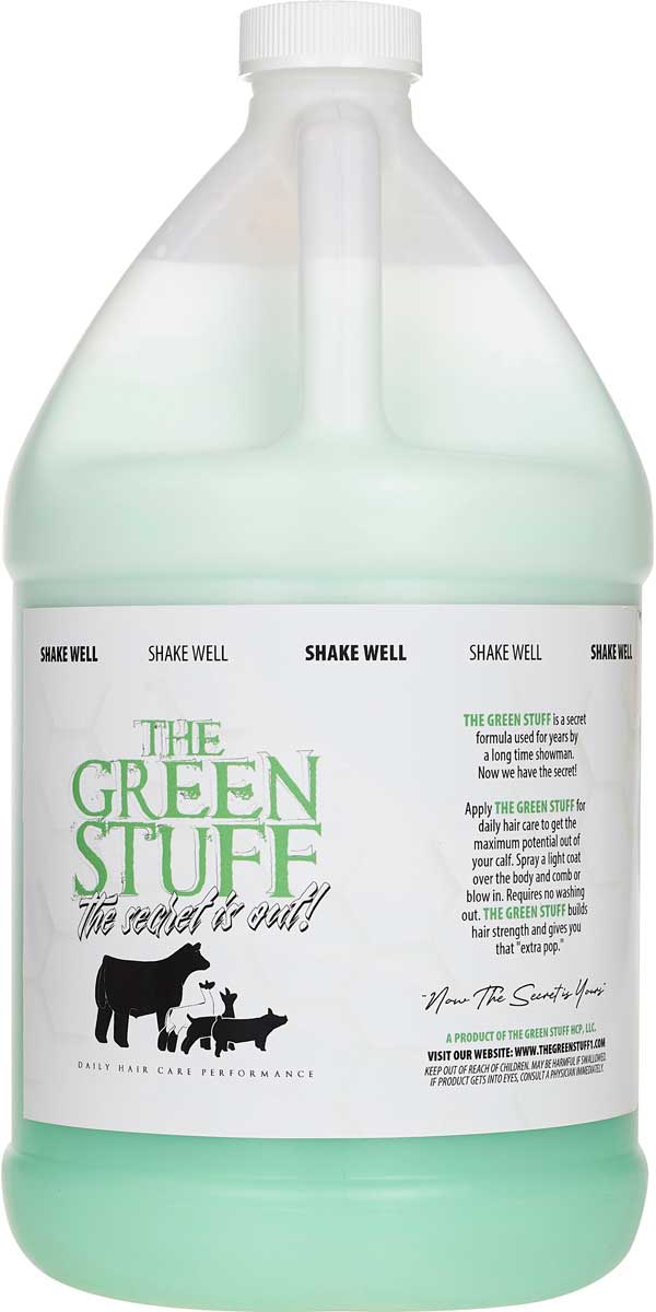 Gallon container of 'The Green Stuff' with label on a white background