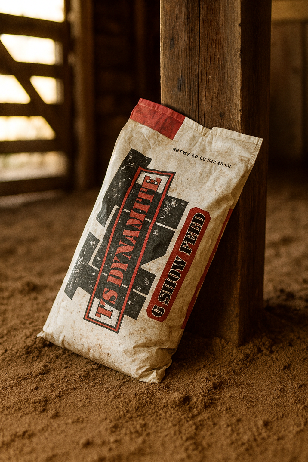 Bag of pig feed leaning against a wooden post in a barn.