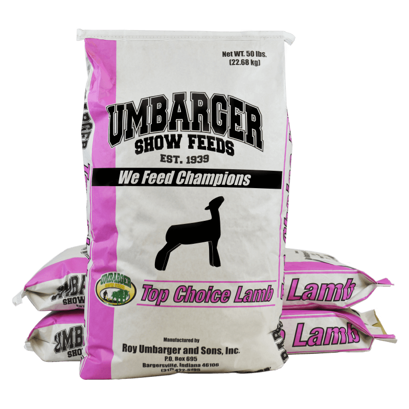 Umbarger Show Feeds Top Choice Lamb feed bags on a black background